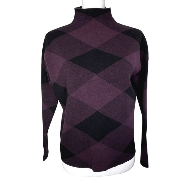 TAHARI Women's Small Purple Black Argyle Soft Mock Neck Long Sleeve Knit Sweater - Picture 1 of 7